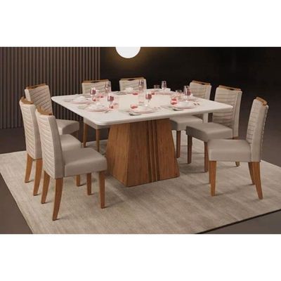 Sala De Jantar Completa Itália Tampo Madeirado C- Vidro Curvo 136x136cm E 8 Cadeiras Julia Freijo-off White - Suede Kraft - Dj Móveis