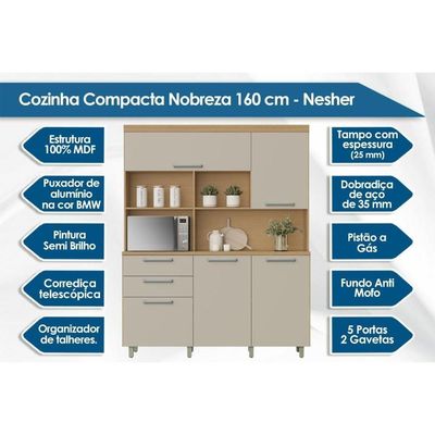 Kit De Cozinha Compacta Nobreza C- 5 Portas E 2 Gavetas 160cm Carvalho-cinza - Nesher