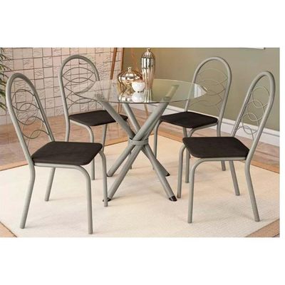 Sala De Jantar Completa Volga Tampo De Vidro 95x95cm E 4 Cadeiras Holanda Niquel - Preto - Kappesberg