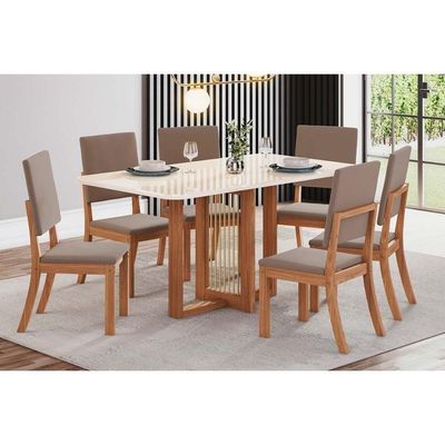 Sala De Jantar Completa Natalí C- Tampo Madeirado C- Vidro Curvo 160x90cm E 6 Cadeiras Milla Nature-veludo Light Marrom Amêndoa - Henn