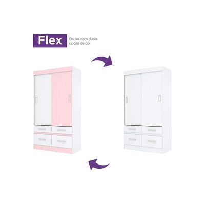 Guarda Roupa Solteiro 2 Portas De Correr E 4 Gavetas Briz Be25 Branco-rosa