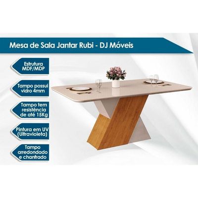 Sala De Jantar Completa Rubi C- Tampo Madeirado C- Vidro 170x90cm E 6 Cadeiras Jade Freijo-off White-off White - Suede Kraft - Dj Móveis