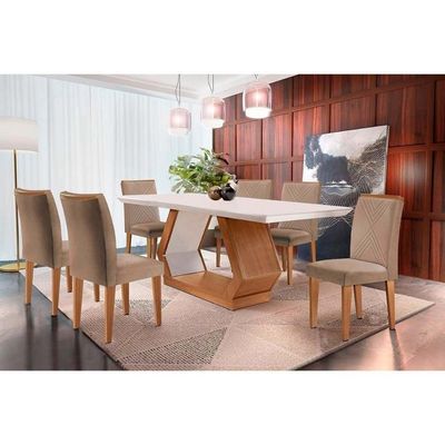 Sala De Jantar Completa Alvorada C- Tampo Madeirado Canto Reto 180x90cm E 6 Cadeiras Amsterdã Imbuia-off White - Suede Capuccino - Rufato