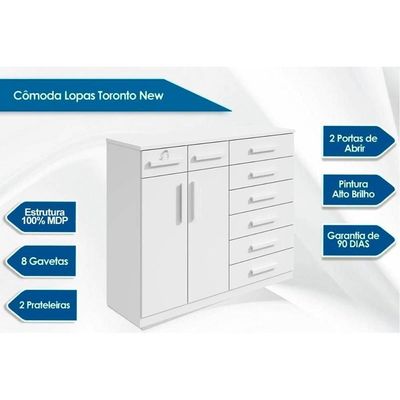 Cômoda De Quarto Toronto New com 2 Portas E 8 Gavetas Frassino - Lopas