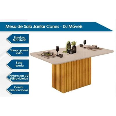 Sala De Jantar Completa Canes Tampo Madeirado C- Vidro Curvo 170x90cm E 8 Cadeiras Talia Cedro-off White - Suede Creme - Dj Móveis