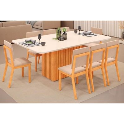 Sala De Jantar Completa Canes Tampo Madeirado C- Vidro Curvo 170x90cm E 8 Cadeiras Talia Cedro-off White - Suede Creme - Dj Móveis