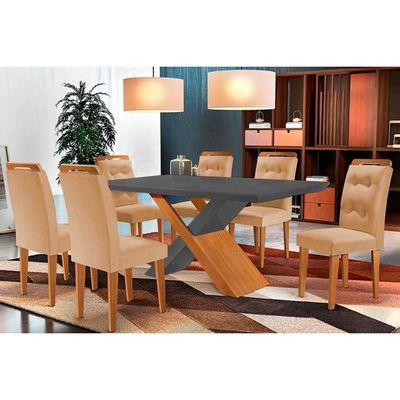 Sala De Jantar Completa Imperatriz Tampo Madeirado C- Vidro Reto 180x90 E 6 Cadeiras Imperatriz Imbuia - Veludo Capuccino - Rufato