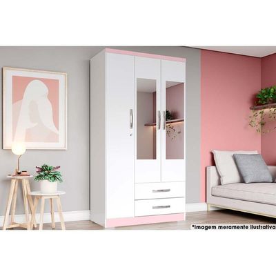 Guarda Roupa Solteiro 3 Portas E 2 Gavetas C- Espelho Açaí Da133 Branco-rosa