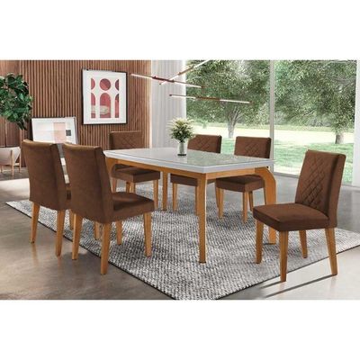 Sala De Jantar Completa Londrina C- Tampo Madeirado Vidro Canto Curvo 180x90cm E 6 Cadeiras Jade Imbuia-off White - Veludo Marrom - Rufato