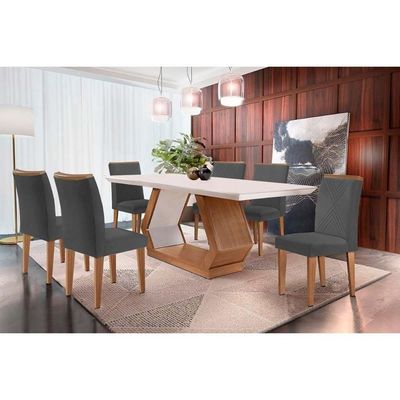 Sala De Jantar Completa Alvorada C- Tampo Madeirado Canto Reto 180x90cm E 6 Cadeiras Amsterdã Imbuia-off White - Linho Grafite - Rufato
