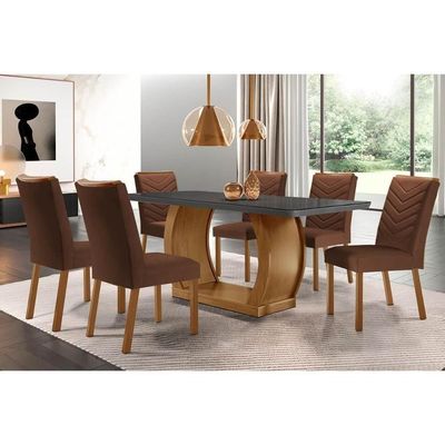 Sala De Jantar Completa Jade Tampo Madeirado C- Vidro Canto Curvo 180x90 E 6 Cadeiras Londrina Imbuia-grafite - Suede Marrom - Rufato