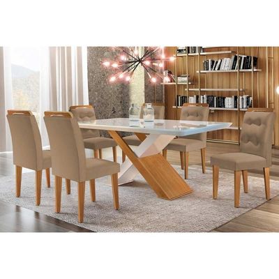 Sala De Jantar Completa Imperatriz Tampo Madeirado C- Vidro Curvo 180x90 E 6 Cadeiras Imperatriz Imbuia-off White - Suede Capuccino - Rufato