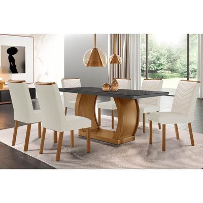 Sala De Jantar Completa Jade Tampo Madeirado C- Vidro Canto Curvo 180x90 E 6 Cadeiras Londrina Imbuia-grafite - Suede Creme - Rufato