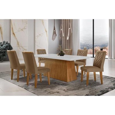Sala De Jantar Completa Luna C- Tampo De Vidro Canto Curvo 180x90cm E 6 Cadeiras Jade Imbuia-off White - Suede Capuccino - Rufato