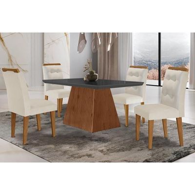 Sala De Jantar Completa Luna C- Tampo Madeirado Vidro Canto Curvo 120x80cm E 4 Cadeiras Imperatriz Imbuia-grafite - Suede Creme - Rufato