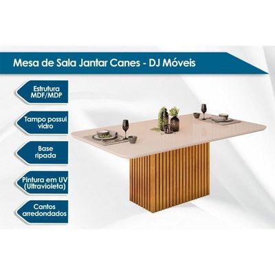 Sala De Jantar Completa Canes Tampo Madeirado C- Vidro Curvo 200x100cm E 8 Cadeiras Stela Freijo-off White - Ipe-linho Neve - Dj Móveis