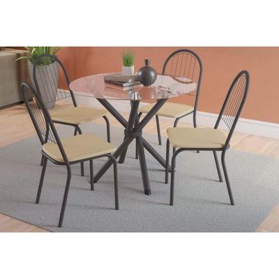 Sala De Jantar Completa Volga Com Tampo De Vidro 95x95cm E 4 Cadeiras Noruega Preto Fosco-capuccino - Kappesberg