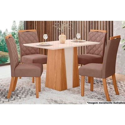 Sala De Jantar Completa Orus C- Tampo Madeirado 120x80cm E 4 Cadeiras Bella Nature-off White - Suede Marrom - Henn