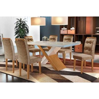 Sala De Jantar Completa Imperatriz Tampo Madeirado C- Vidro Reto 180x90 E 6 Cadeiras Imperatriz Imbuia - Veludo Capuccino - Rufato