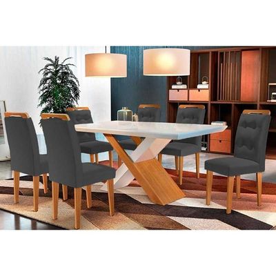 Sala De Jantar Completa Imperatriz Tampo Madeirado C- Vidro Reto 180x90 E 6 Cadeiras Imperatriz Capuccino-suede Grafite - Rufato