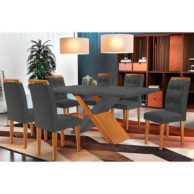 Sala De Jantar Completa Imperatriz Tampo Madeirado C- Vidro Reto 180x90 E 6 Cadeiras Imperatriz Capuccino-suede Grafite - Rufato