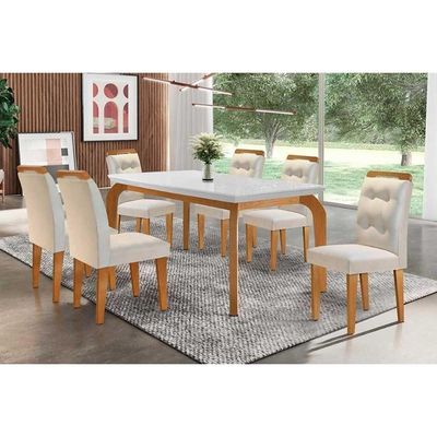 Sala De Jantar Completa Londrina C-tampo Madeirado Canto Reto 180x90cm E 6 Cadeiras Imperatriz Imbuia - Veludo Creme - Rufato