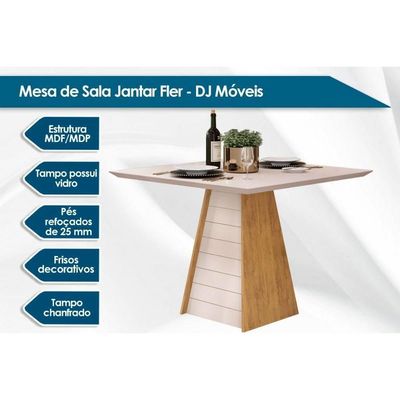 Sala De Jantar Completa Fler Tampo Madeirado C- Vidro 90x90cm E 4 Cadeiras Zoe Freijo-off White - Suede Creme - Dj Móveis