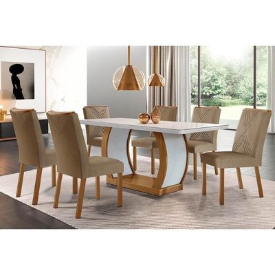 Sala De Jantar Completa Jade C- Tampo Madeirado Vidro Canto Curvo 180x90cm E 6 Cadeiras Amsterdã Imbuia-off White - Suede Capuccino - Rufato