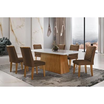Sala De Jantar Completa Luna C- Tampo Vidro Canto Curvo 180x90cm E 6 Cadeiras Londrina Imbuia-off White - Suede Marrom - Rufato