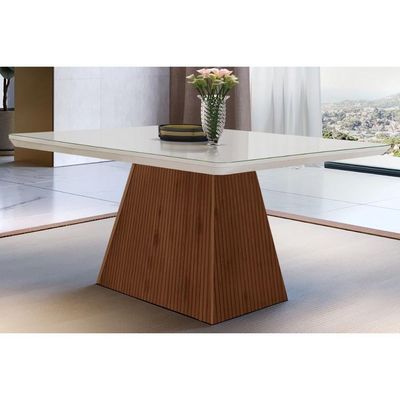 Mesa Para Cozinha Luna C-tampo Madeirado Vidro Canto Curvo 120x80cm Off White-imbuia Ripado 3d - Vidro Off White - Rufato