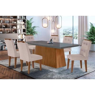 Sala De Jantar Completa Luna C- Tampo Vidro Canto Curvo 180x90cm E 6 Cadeiras Imperatriz Imbuia-grafite - Suede Creme - Rufato
