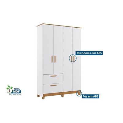 Guarda Roupa Bebê 4 Portas E 2 Gavetas Jujuba Branco - Permóbili Baby