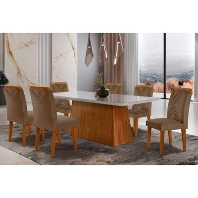 Sala De Jantar Completa Luna Tampo Madeirado C- Vidro Canto Reto 180x90 E 6 Cadeiras Amsterdã Imbuia - Veludo Capuccino - Rufato