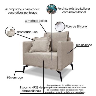 Poltrona Decorativa Livorno Linho Com Pés Em Aço SSX Multicoisas Areia
