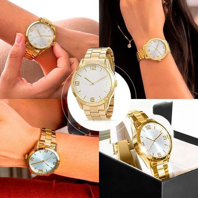 Relogio Feminino Banhado Aço Inox + Pulseira Pandora + Caixa