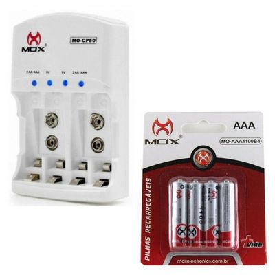 Carregador de Pilhas e Baterias com 4 Pilhas AAA 1000 Mah Mox CP52