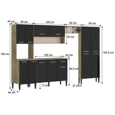 Cozinha Completa Arizona Plus Com Armário E Balcão Carraro - Carvalho/preto Carvalho/preto