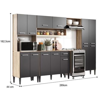 Cozinha Completa Arizona Plus Com Armário E Balcão Carraro - Carvalho/preto Carvalho/preto