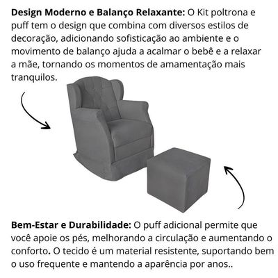 Poltrona Amamentação Balanço Confortável Puff Pétala Suede Cor:cinza