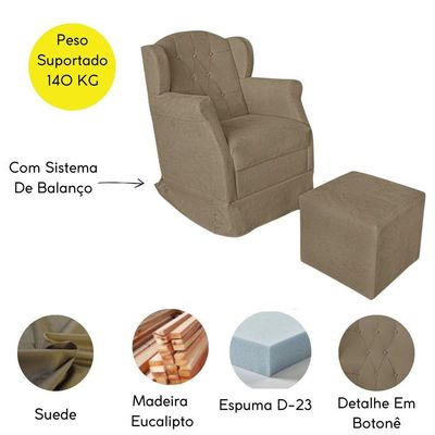 Poltrona Amamentação Cadeira Reforçada Balanço Puff Suede Cor:bege Escuro