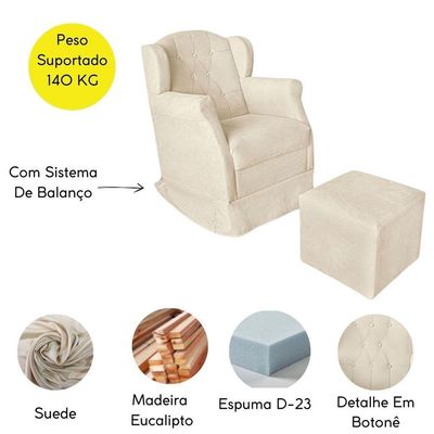 Poltrona Amamentação Cadeira Reforçada Balanço Puff Suede Cor:bege