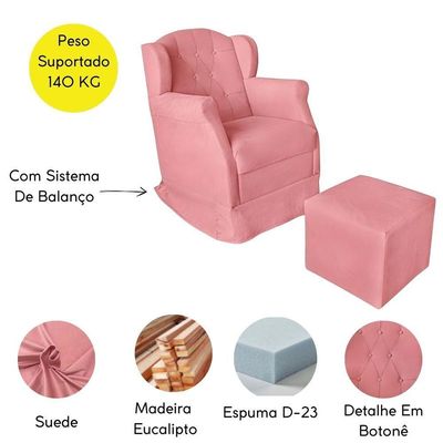 Poltrona Amamentação Cadeira Reforçada Balanço Puff Suede Cor:rosê