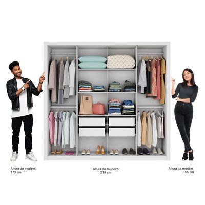 Guarda Roupa Solteiro 8 Portas 4 Gavetas Espelho Branco