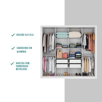 Guarda Roupa Solteiro 8 Portas 4 Gavetas Espelho Branco