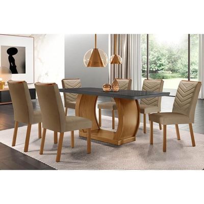 Sala De Jantar Completa Jade Tampo Madeirado C- Vidro Canto Curvo 180x90 E 6 Cadeiras Londrina Imbuia-grafite - Suede Capuccino - Rufato