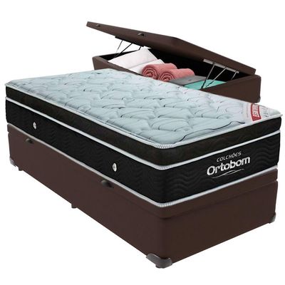 Cama Box Baú Marrom E Colchão Elegant Molas Ensacadas Solteiro Ortobom