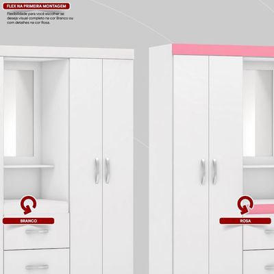Guarda Roupa Solteiro 4 Portas Com Espelho E 2 Gavetas Loanda Branco-rosa-branco