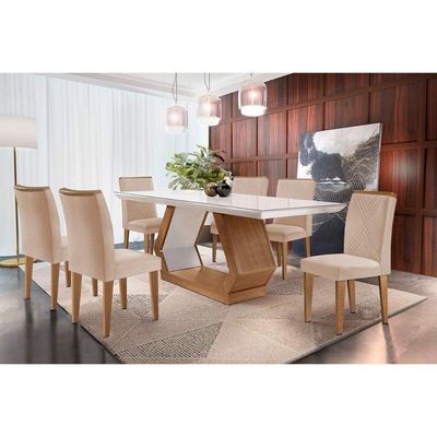 Sala De Jantar Completa Alvorada Tampo Madeirado C- Vidro Canto Reto 180x90cm E 6 Cadeiras Amsterdã Imbuia-off White - Veludo Creme - Rufato