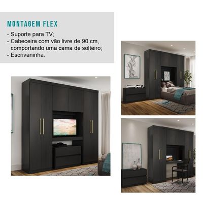 Guarda Roupa Solteiro 6 Portas 2 Gavetas Porto Carraro Preto