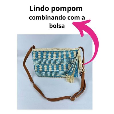 Bolsa De Palha Artesanal Feminina Tiracolo Com Alça Transversal Moda Praia Verão Com Pom Pom azul